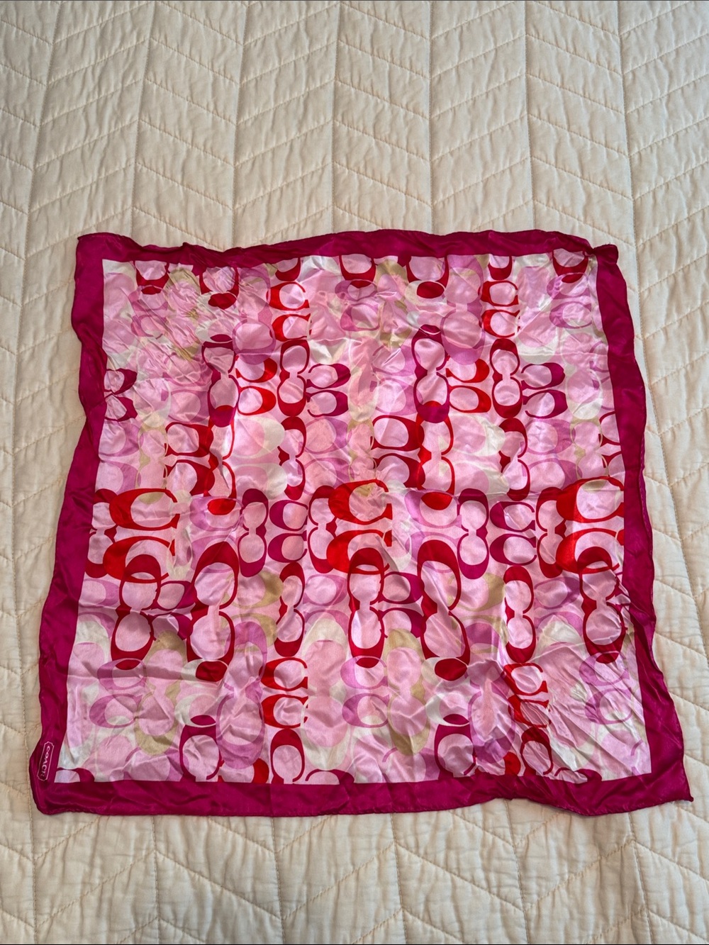 Coach Pink Red Signature Print Silk Scarf